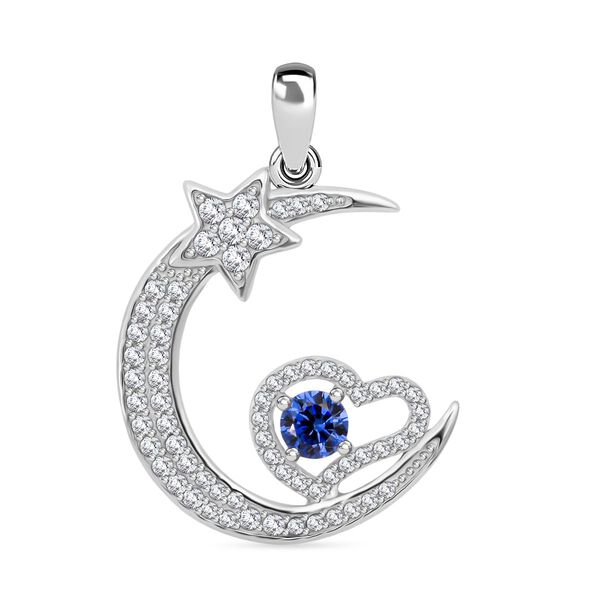 LUSTRO STELLA - Blauer Zirkonia, Wei&szlig;er Zirkonia Mond und Stern Anh&auml;nger 925 Silber rhodiniert