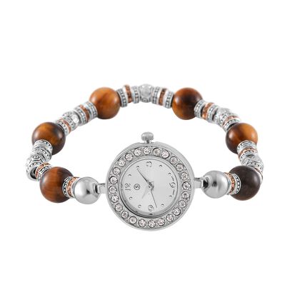 STRADA - Gelbes Tigerauge, Wei&szlig;er Kristall Armband-Uhr, Japanisches Uhrwerk, ca. 18-19cm, Schwarz oxidiert