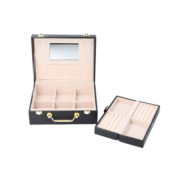 Schmuck Organizer mit Krokopr&auml;gung, Spiegel und F&auml;cher, 23,5x18,5x8,5 cm, Schwarz image number 7