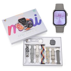 Smartwatch HW mini 2 1,75 Zoll Silber, Set mit 7 Wechselarmbändern inklusive kristallbesetztem Armband, IP67, Bluetooth 5.2, kabelloses Laden, Grau