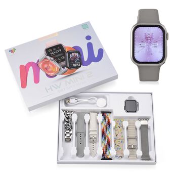 Smartwatch HW mini 2 1,75 Zoll Silber, Set mit 7 Wechselarmb&auml;ndern inklusive kristallbesetztem Armband, IP67, Bluetooth 5.2, kabelloses Laden, Grau