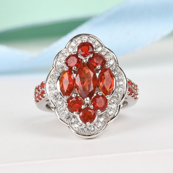 Mexikanischer Kirschfeuer-Opal und Zirkon Ring 925 Silber Platin-&Uuml;berzug image number 2