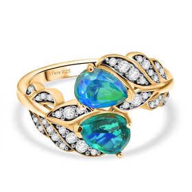 D’joy Pfau Quarz Triplette, Weißer Zirkon Ring 925 Silber 750 Gelb Vergoldet (Größe 16.00) ca. 2,06 ct