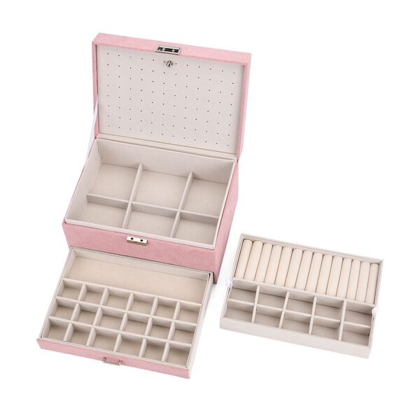 4-lagige Schmuckbox aus Samt mit 10 Silberputzt&uuml;chern, 23,8&times;17&times;14,2 cm, Rosa image number 7