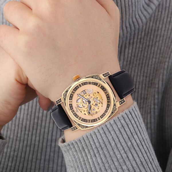 Genoa Time V2 Automatik-Uhr mit Mechanischem Uhrwerk, Goldfarbener Gravur und Schwarzem Lederarmband image number 3