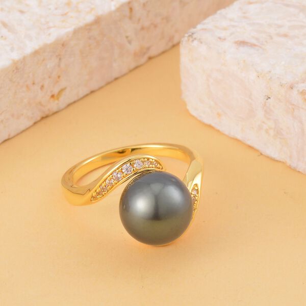 Tahiti Perle (10-11 mm), Wei&szlig;er Zirkon Ring 925 Silber Gelbgold Vermeil (Gr&ouml;&szlig;e 20.00) image number 2