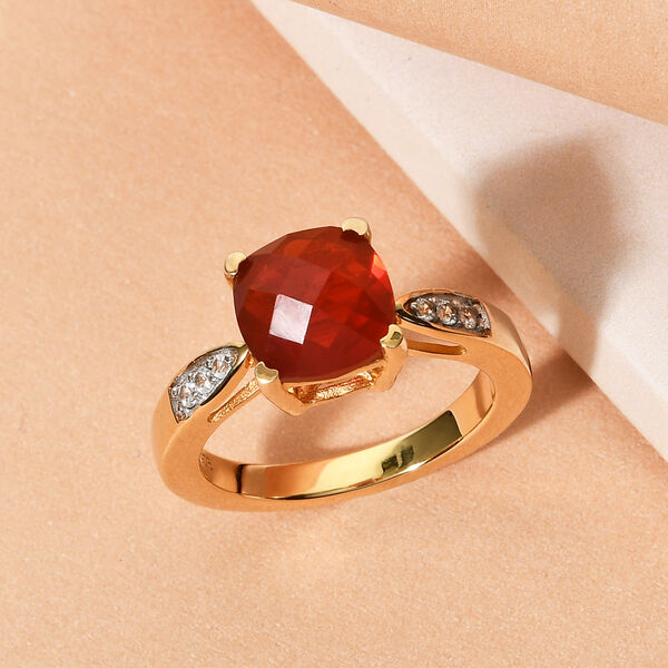 Mexikanischer Kirschfeuer-Opal und Zirkon Ring 925 Silber Gelbgold Vermeil  ca. 1,66 ct image number 2