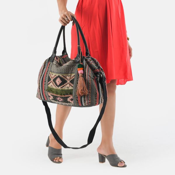 Boho Weekender-Tasche mit Quaste, Jacquard handgewebt, Ethniklook image number 2