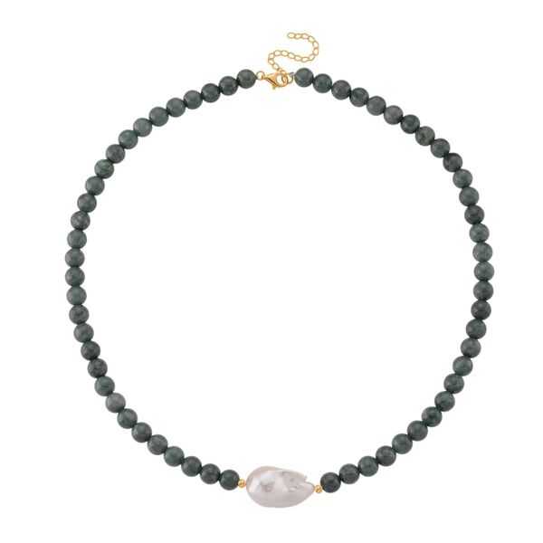 Nat&uuml;rliche Olmek Jadeit und S&uuml;&szlig;wasser Barockperle 50cm Halskette image number 3