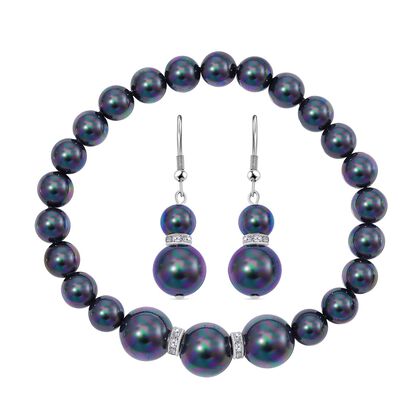 2er Set - Pfauenfarbene Muschelperle (8-12 mm) Armband und Ohrringe,  Reiner Edelstahl