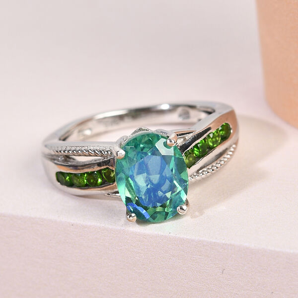 Pfau Triplett Quarz und Nat&uuml;rlicher Chromdiopsid Ring 925 Silber platiniert  ca. 2,41 ct image number 2