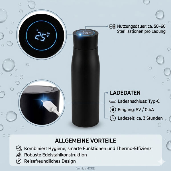 LIVMORE UVC-Flasche mit LED Anzeige, 500ml , 7x24,5cm, Schwarz image number 4