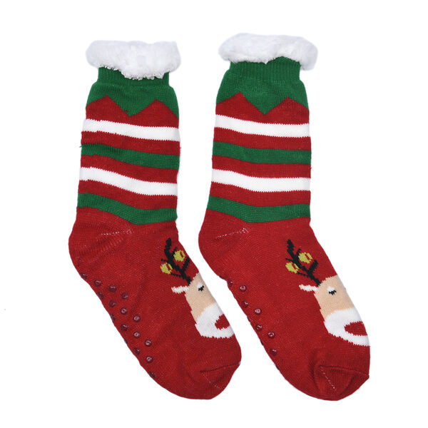 2er-Set - 2 Paar rutschfeste Haus Socken mit warmem Sherpa Futter, Einheitsgröße Weihnachtsmotiv, Rot und Dunkelblau  image number 5