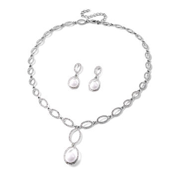 2er Set - Wei&szlig;er Kristall, Wei&szlig;e Muschelkernperle Ohrringe und Halskette ca. 50 cm + 7.5 cm Extender