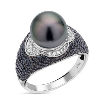 Tahiti-Perle, wei&szlig;er Zirkon und schwarzer Spinell-Ring, 10-11 mm - 1,17 ct.