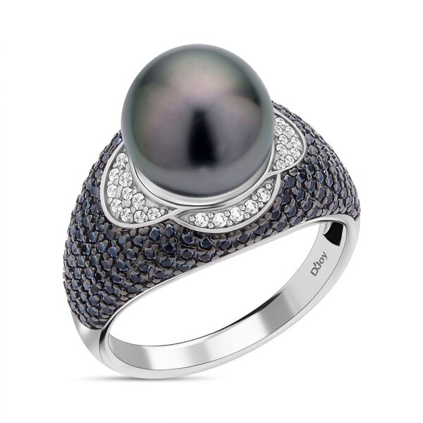 Tahiti-Perle, wei&szlig;er Zirkon und schwarzer Spinell-Ring, 10-11 mm - 1,17 ct. image number 4