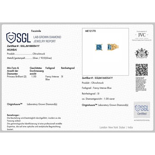LUXURIANT DIAMOND - Lab Grown Blauer Diamant SI-GH SGL zertifiziert Ohrringe, 925 Silber 750 Gelbgold Vermeil ca. 1.00 ct image number 5