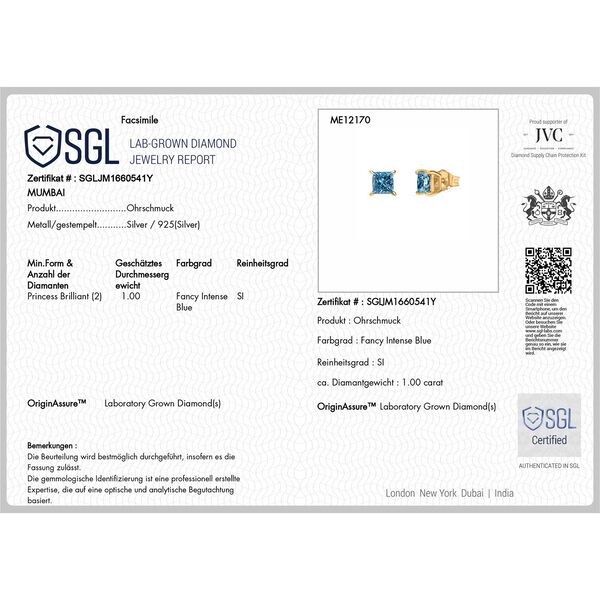 LUXURIANT SGL zertifizierte SI-GH Labor blaue Diamant Ohrringe, 925 Silber 750 Gelbgold Vermeil - 1 ct. image number 5