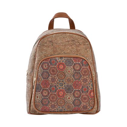 Umweltfreundlicher Kork-Rucksack mit Kunstleder-Griffen, 28x10x24cm, Boh&egrave;me Muster, braun