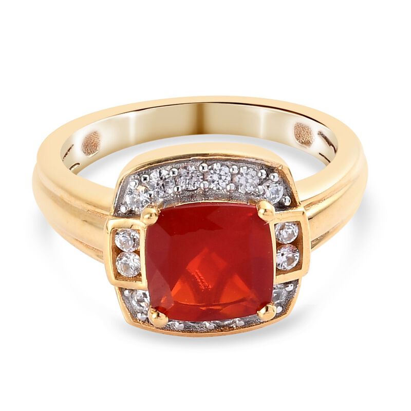 Mexikanischer Kirschfeuer-Opal und Zirkon Solitär Ring 925 Silber 585 Vergoldet image number 0