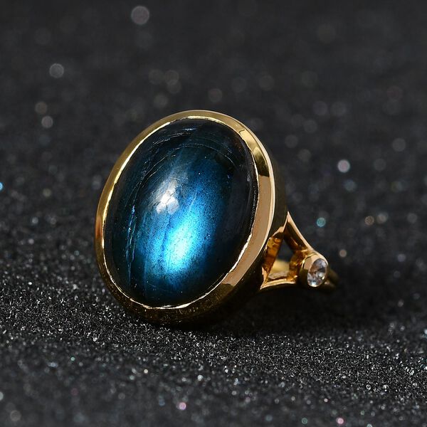 AAA Labradorit, Weißer Zirkon Ring, 925 Silber Gelbgold Vermeil (Größe 20.00) ca. 10.22 ct image number 2
