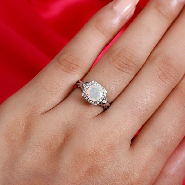 Nat&uuml;rlicher &Auml;thiopischer Opal und Zirkon Halo Ring 925 Silber Platin-&Uuml;berzug image number 3