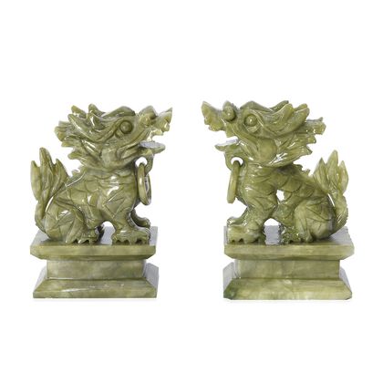 2er-Set handgefertigte Grün-Serpentin Feng-shui Drachen-Figuren, 9,5x4,5x12 cm