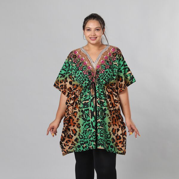 V-Ausschnitt bedruckter Kaftan, Einheitsgr&ouml;&szlig;e Gr&uuml;n