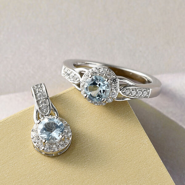 2er-Set, Espirito Santo Aquamarin und Zirkon-Ring mit Anhänger, 925 Silber platiniert ca. 1,37 ct image number 2