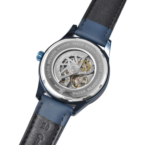 Genoa - Goldfarbene Automatikuhr, transparentes Ziffernblatt, echtes Leder-Armband, wasserdicht bis 5 ATM, Edelstahl IP-Blau-Plattierung image number 4