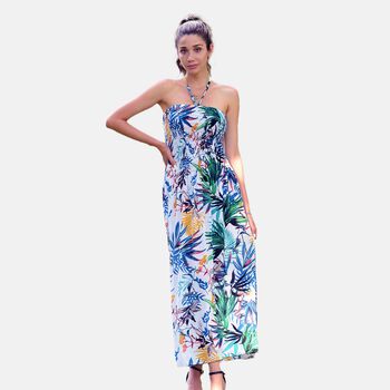 Gesmoktes Maxi-Kleid, Blumenmuster, Wei&szlig;