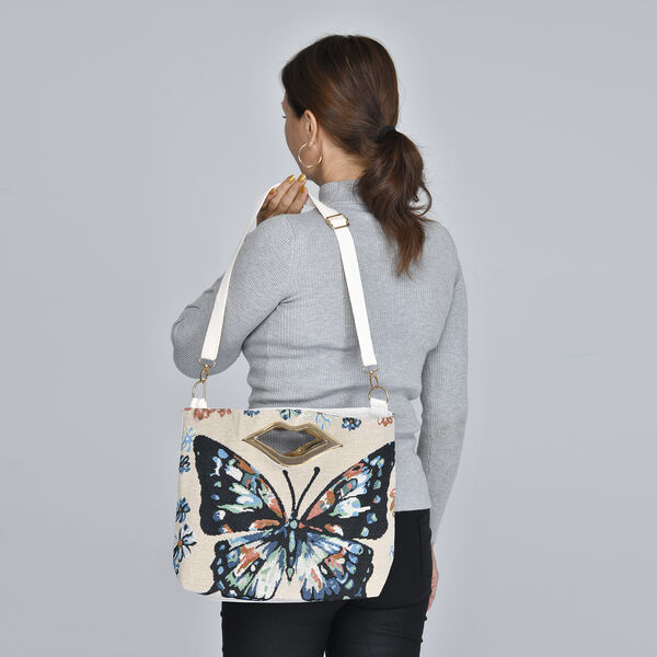 Jacquard Crossbody Tasche, Schmetterling Muster, Größe 39x10x26 cm, Beige und Mehrfarbig image number 2