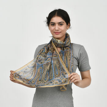 Eleganter rechteckiger Seidenschal in beige und blau mit edlem Print, Gr&ouml;&szlig;e: 49x160 cm