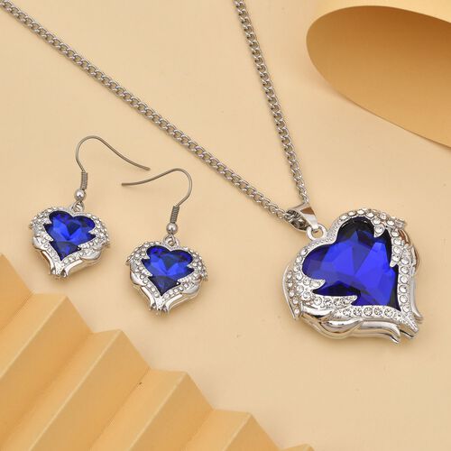 2er Set Glas, Kristall Anhänger mit Kette und Ohrringe, Blau image number 1
