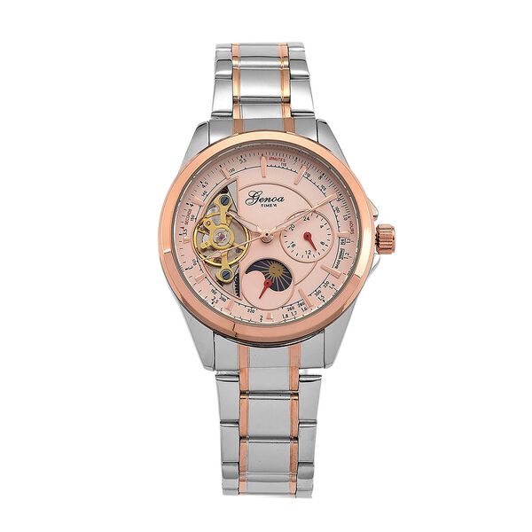 GENOA TIME V2 - Automatik-Armbanduhr, Mechanisches Uhrwerk, Edelstahlarmband, bicolor, Ros&eacute;farbenes Zifferblatt