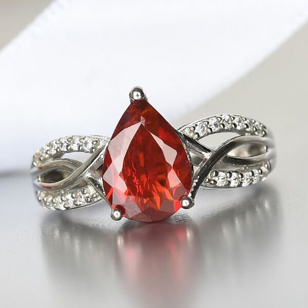 Mexikanischer Kirschfeuer-Opal und Zirkon Ring 925 Silber Platin-Überzug image number 2