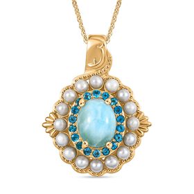 D'Joy Larimar, Süßwasser Perle und Neon Apatit Anhänger mit 50cm Kette