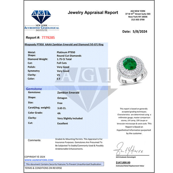 Chairman's Vault Collection - zertifiziert und geprüft RHAPSODY AAAA Kagem Sambischer Smaragd und VS-EF Diamant Ring in 950 Platin - 5,40 ct. image number 7