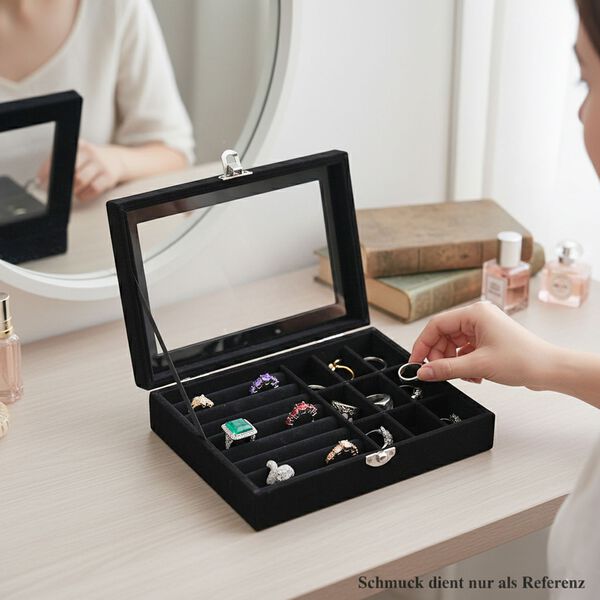 Elegante Schmuckbox aus edlem Samt mit Glasdeckel, 20x15x5 cm, Tiefschwarz image number 2