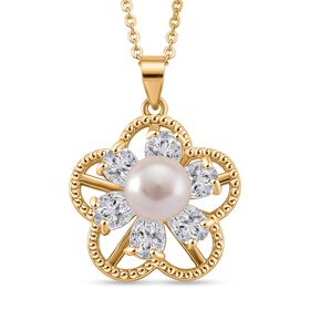 Weiße Süßwasser Perle, Weißer Zirkonia Schmuckset ca. 50 cm Nickelfreies Messing, Reines Kupfer vergoldet 14.00 ct