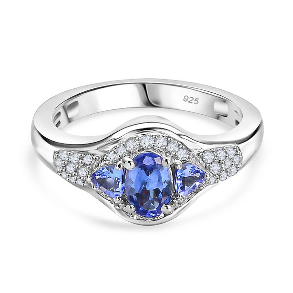 Tansanit und Zirkon Ring 925 Silber platiniert  ca. 0,97 ct