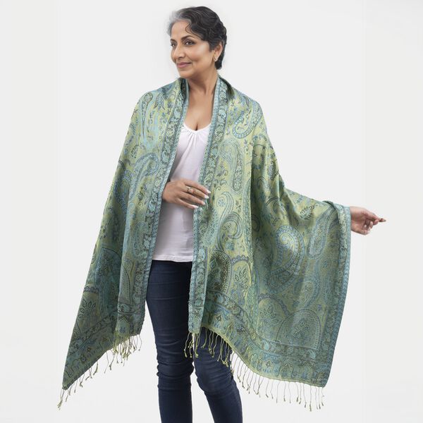 Premium Kollektion - gewebter Schal, 100% Natur Seide, Jamawar Design, 68x190 cm, Gr&uuml;n image number 2