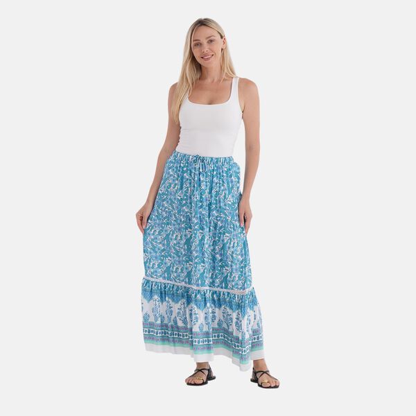 Maxirock mit Blumenprint, 90 cm, Wei&szlig; mit floralen Akzenten - Einheitsgr&ouml;&szlig;e, blau