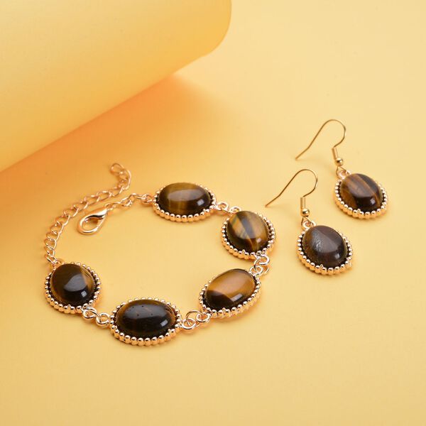 2er-Set, Gelbe Tigerauge-Ohrringe und Armband - 95 ct. image number 1