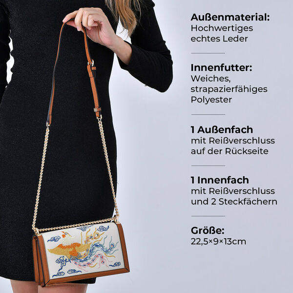 GRAND PELLE Umhängetasche aus echtem Leder, Phönixstickerei, mit Kettenriemen, 22,5×9×13 cm, Braun image number 3