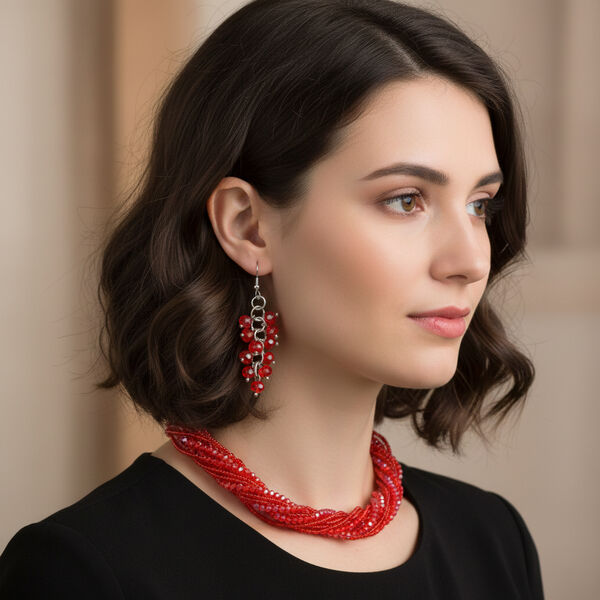 2er Set - Rot Kristall, Wei&szlig;er Kristall Halskette und Ohrringe image number 2