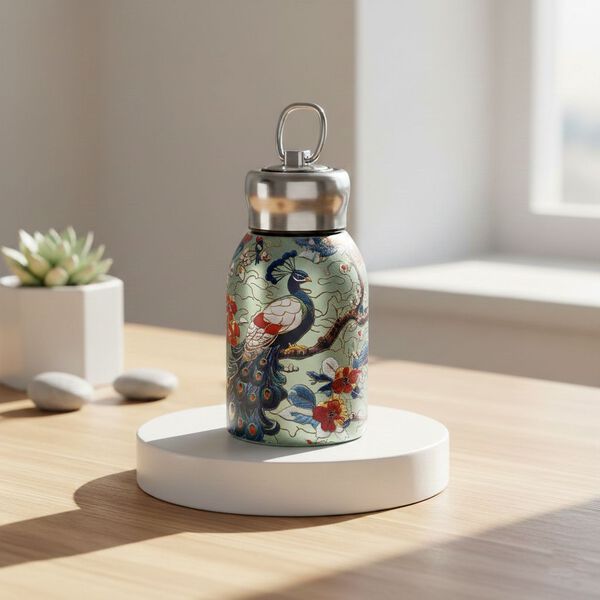 LIVMORE Edelstahl Trinkflasche 260 ml ca. 14 cm Gr&uuml;ner Pfau Gr&uuml;n image number 1