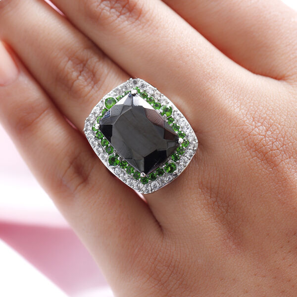Elite Shungit und Nat&uuml;rlicher Chromdiopsid Halo Ring, 925 Silber platiniert  ca. 8,95 ct image number 3