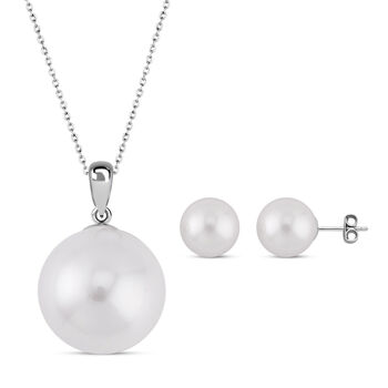 2er Set - Wei&szlig;es Muschelkernperlen Ohrringe und Anh&auml;nger mit Kette Schmuckset, Edelstahl, 925 Silber rhodiniert