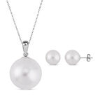 2er Set - Weißes Muschelkernperlen Ohrringe und Anhänger mit Kette Schmuckset, Edelstahl, 925 Silber rhodiniert